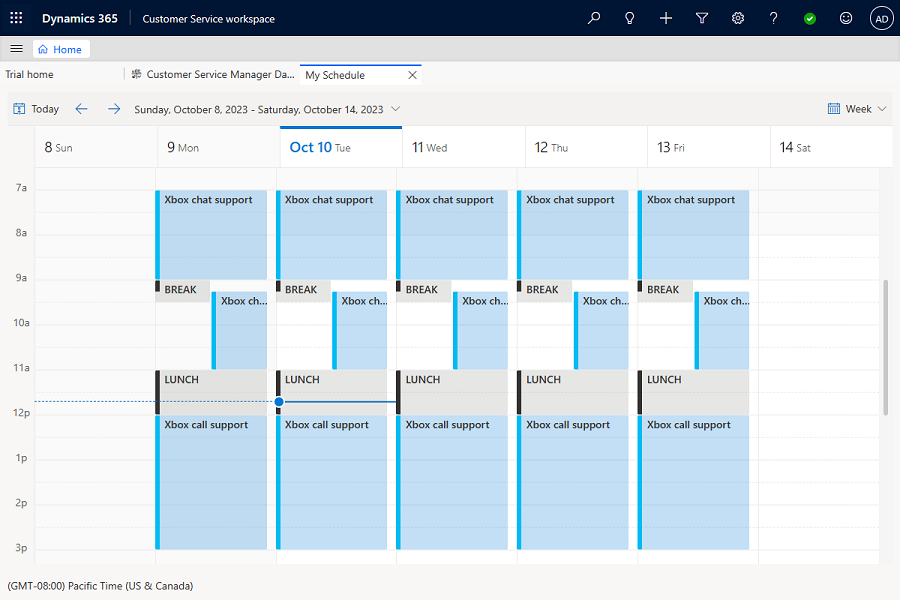 Calendar view of an agent's schedule.