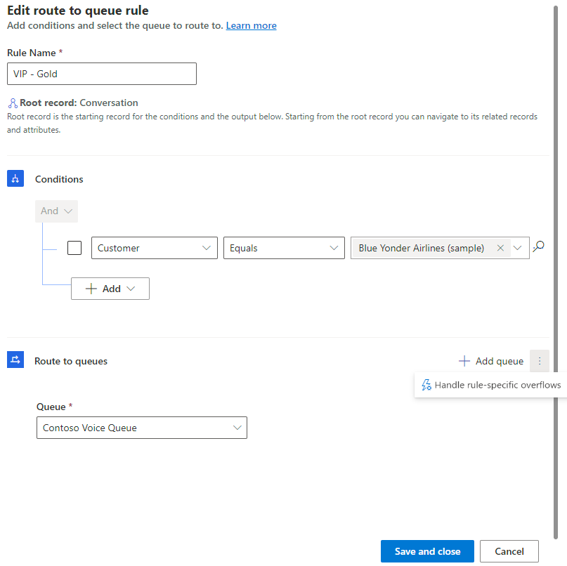 Screenshot of the Edit route to queue rule page showing where to find the Handle rule-specific overflow option.