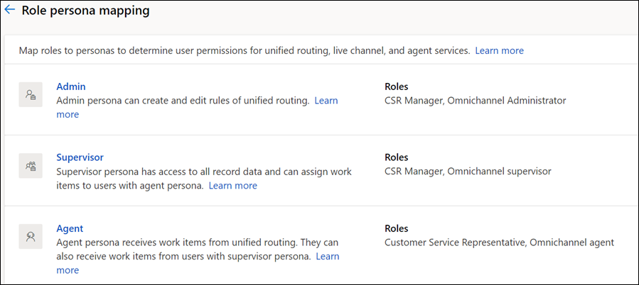 A view of the roles mapped to the admin, supervisor, and agent personas.