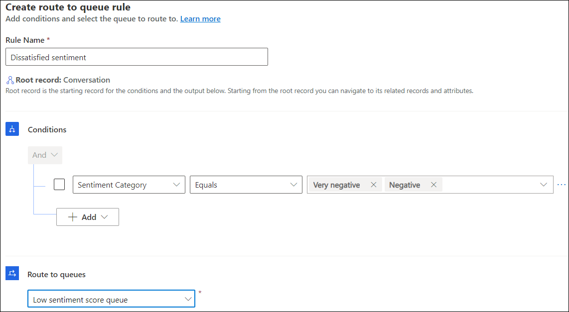 Rules to categorize on sentiment and route to queue.