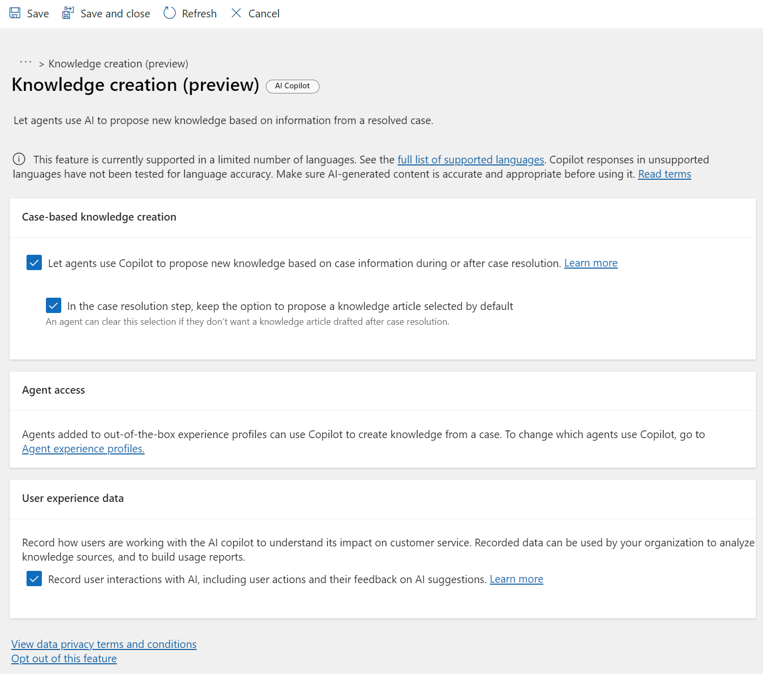 Screenshot of settings to enable Copilot to create knowledge proposals from case.