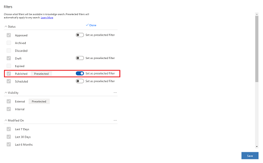 Toggle filter to show as Preselected.