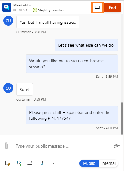 Service representative requests a cobrowse session during live chat.