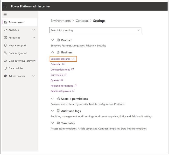 Admin portal business closure navigation.