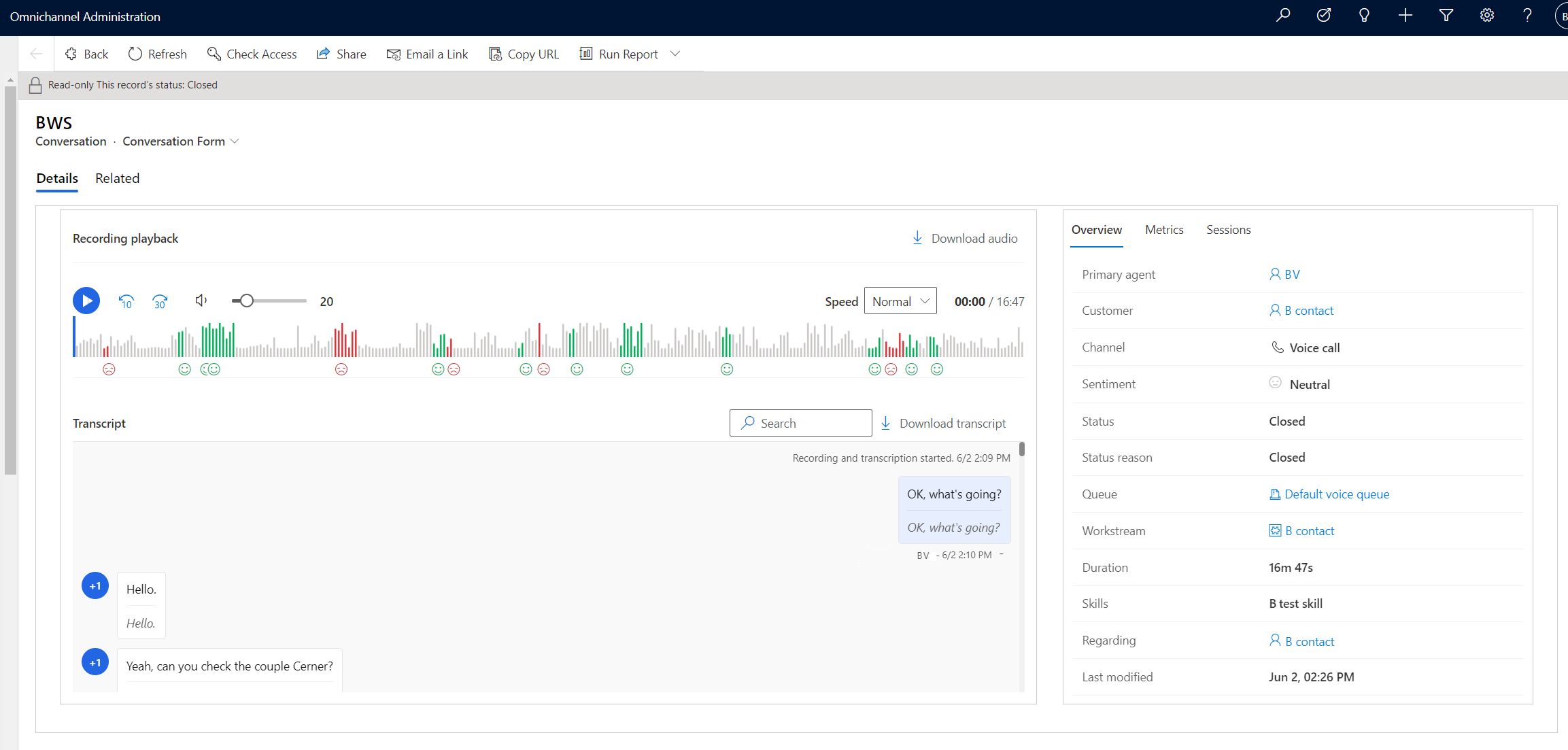 Screenshot of call recording and transcript controls.