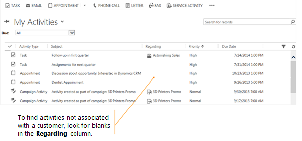 Find activities not associated with a customer.