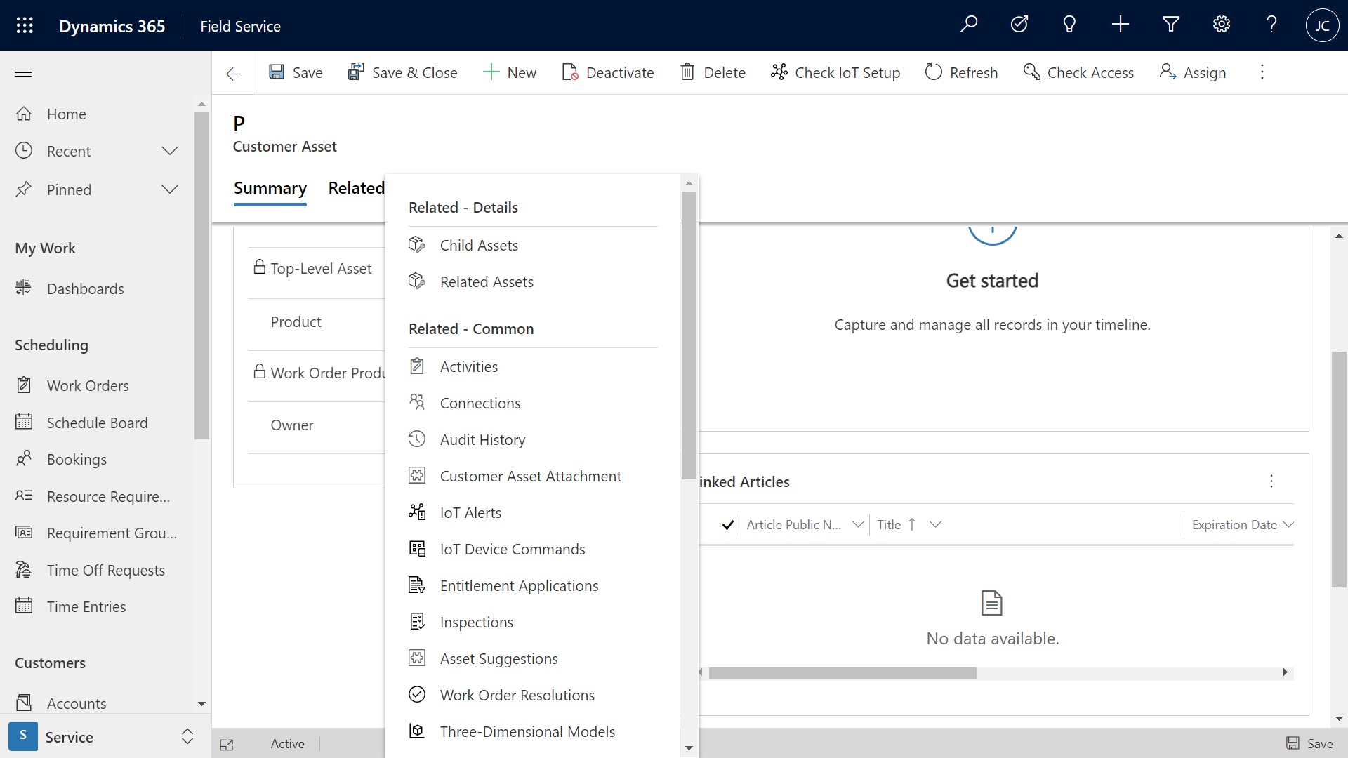 Screenshot of advanced settings showing the Inspections option on the Related tab of the customer asset.