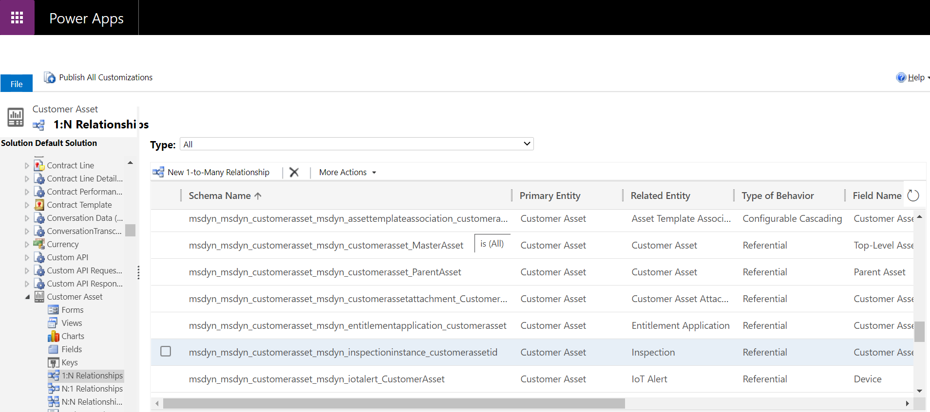 Screenshot of advanced settings showing the inspection relationship with a customer asset.