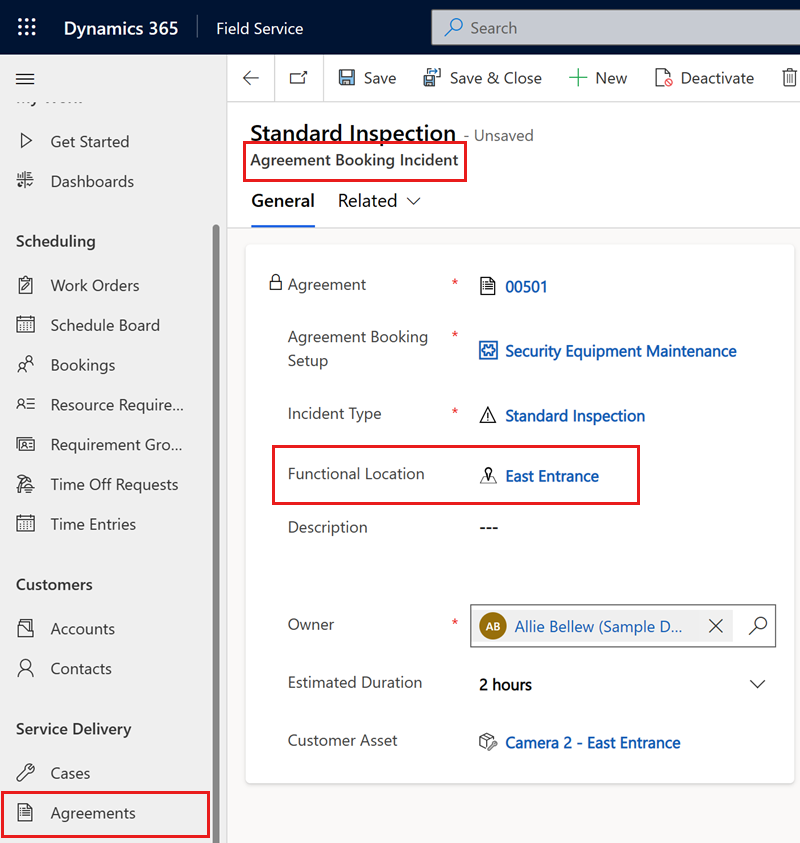 Screenshot of an agreement booking incident, with the functional location highlighted.