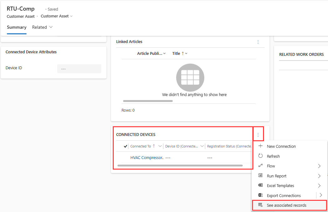 Screenshot of the Connected Devices section on the customer asset record in Field Service.