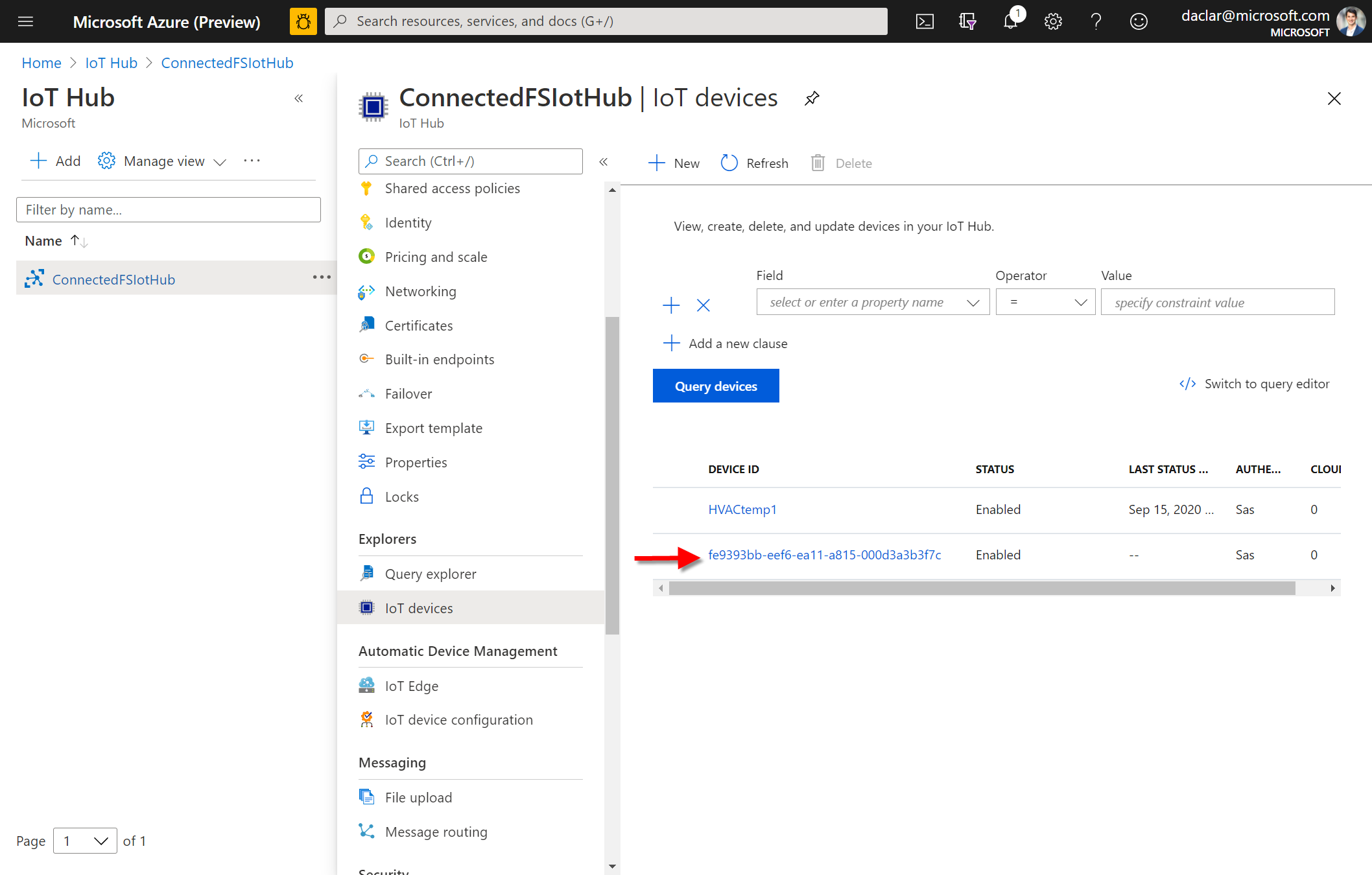 Screenshot of Azure IoT Hub, showing the new device in the list of devices.