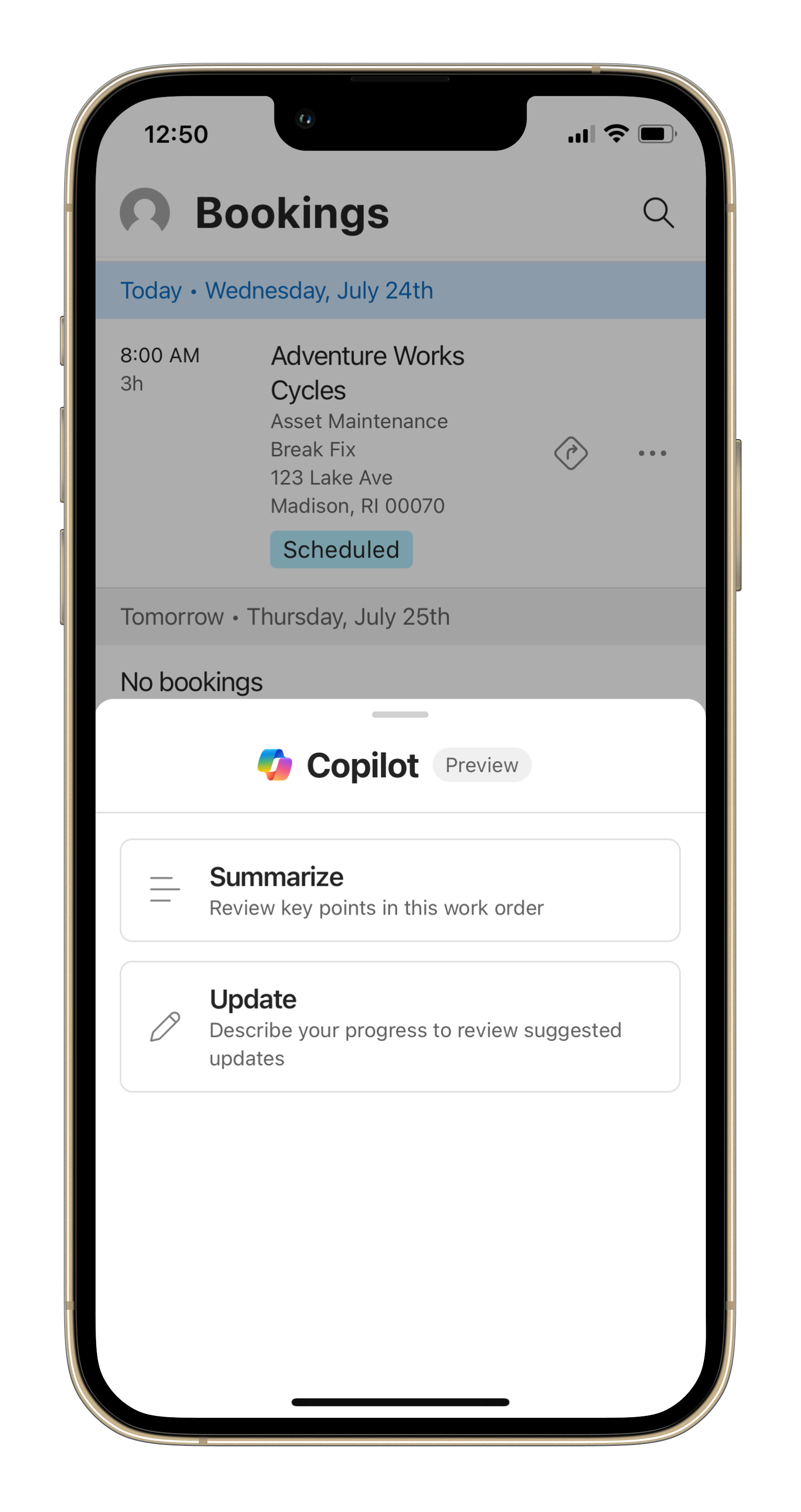 Mobile device showing the Copilot control with options to Summarize and Update work orders.