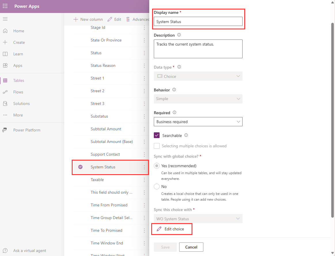 Screenshot showing the Edit column option for the System Status field in the Power Apps.