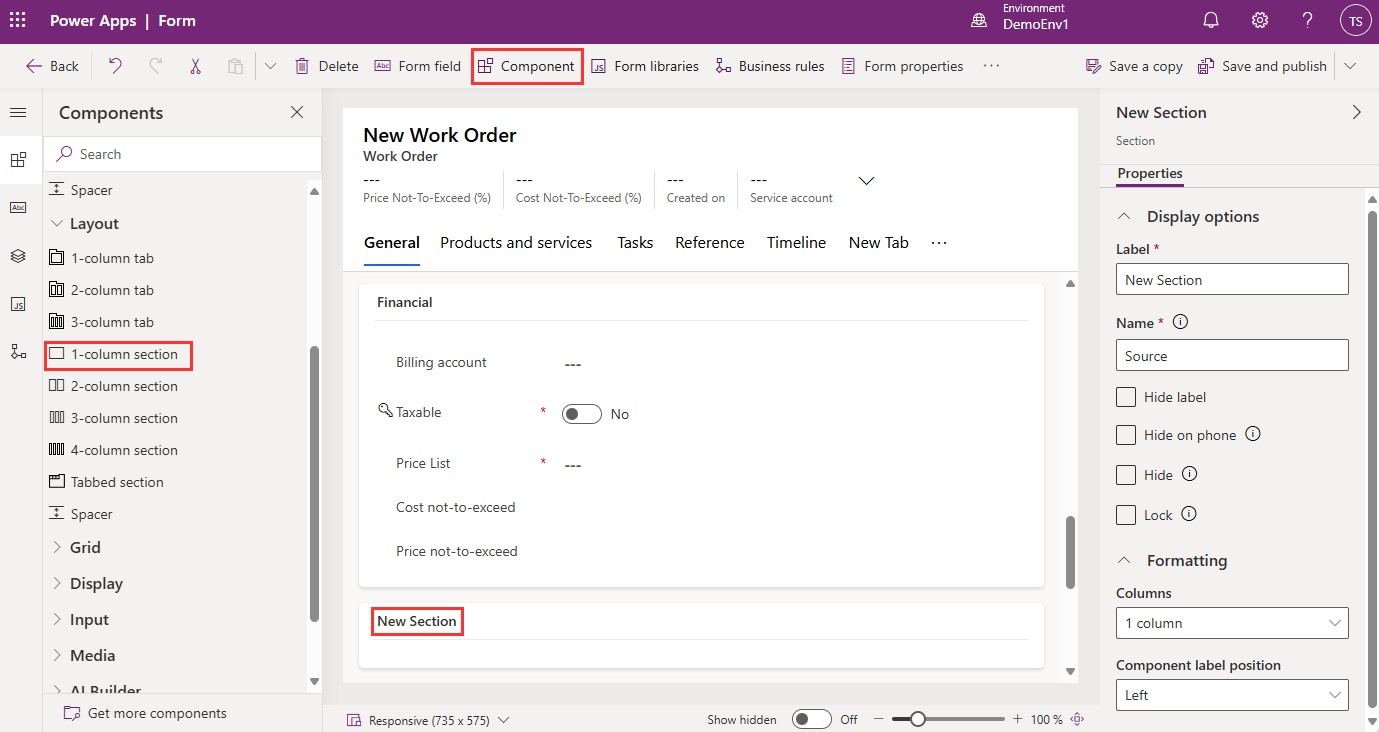 Screenshot of the work order form editor in Power Apps showing a new section.