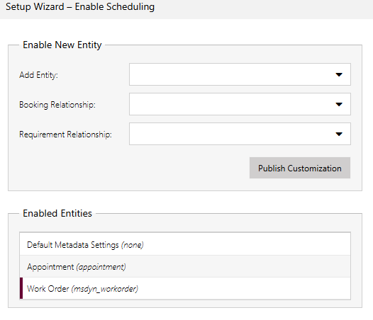 Screenshot of the Enable Scheduling Wizard for Entities.