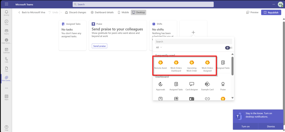 Screenshot of the four Field Service cards to add to the Viva Connections dashboard.