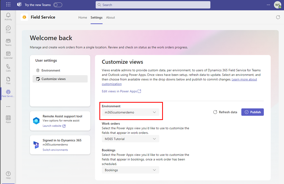 Field Service Settings page with Customize views and environment highlighted.