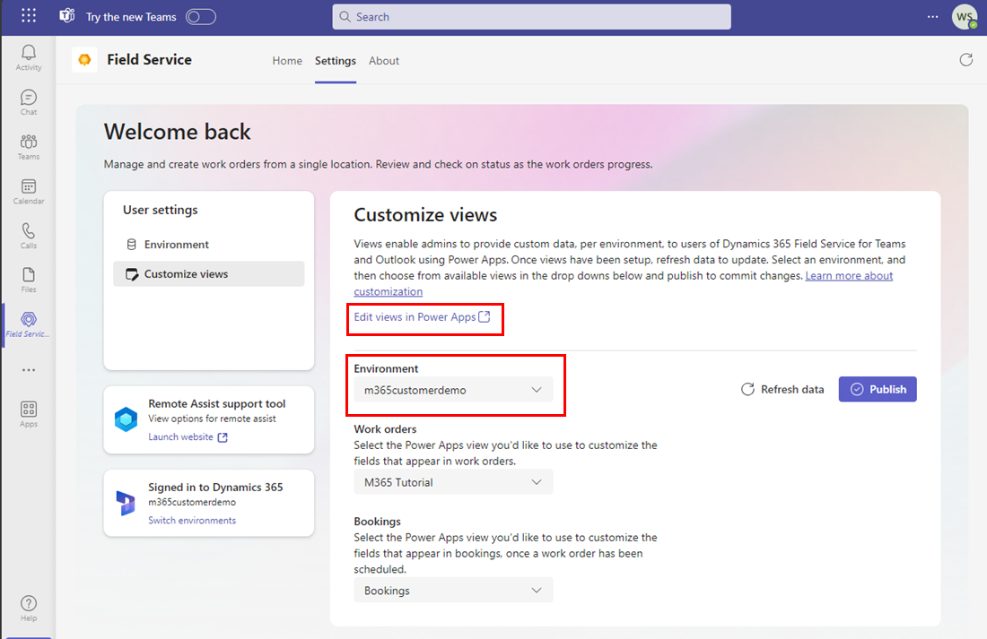 Field Service Settings page with Customize views with environment and Edit views in Power Apps highlighted.