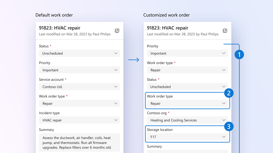 Example of a customized work order form in Field Service Outlook and Teams