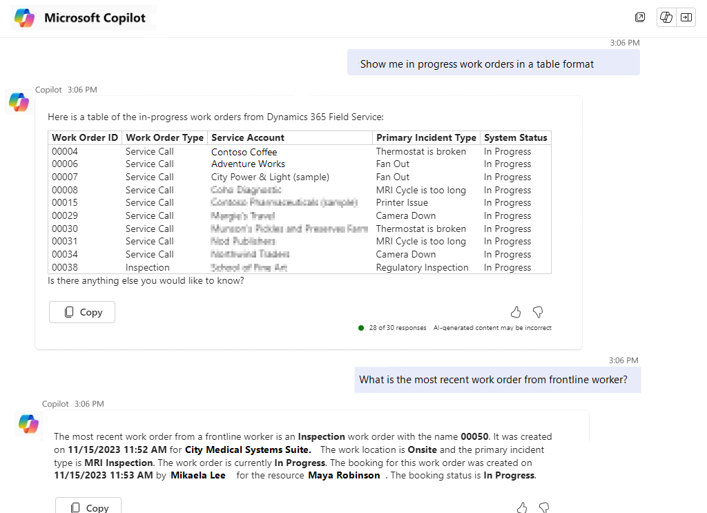 Microsoft Copilot chat showing work orders in progress in a table format