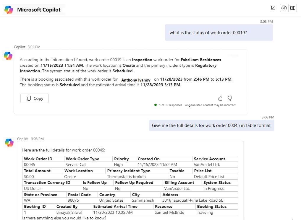 Microsoft Copilot chat showing the status of a work order and details of another work order