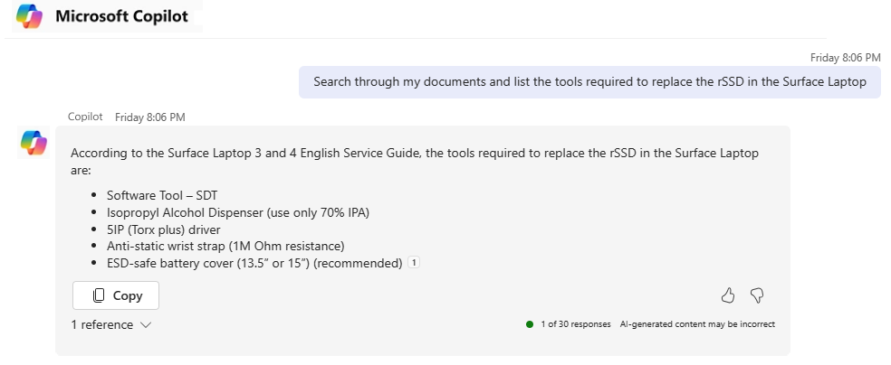 Microsoft Copilot chat showing the list of tools needed for the work order