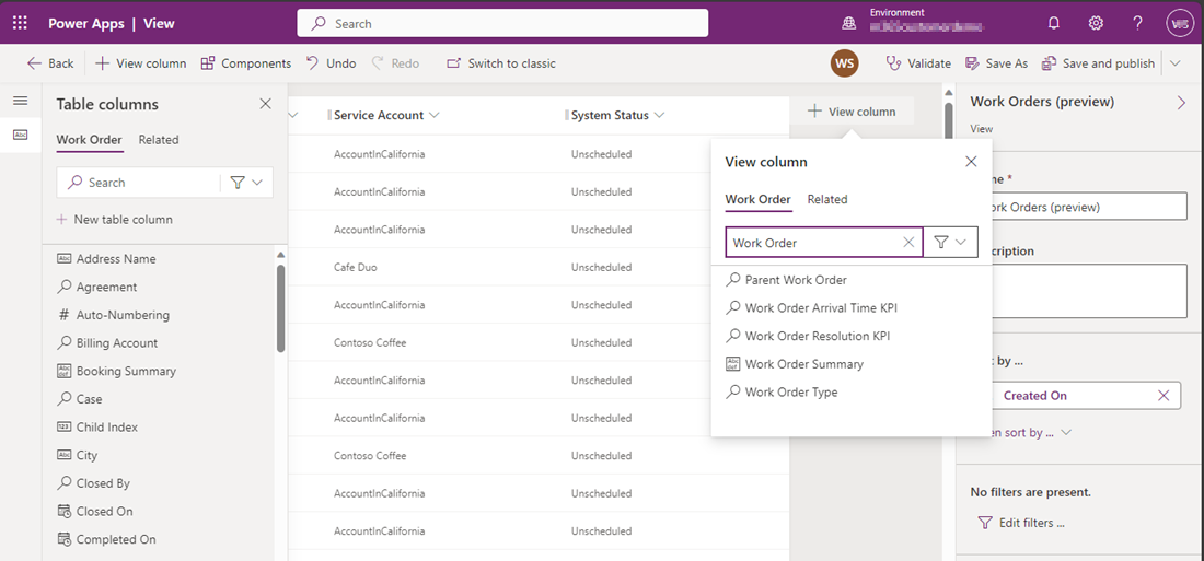 First four columns displayed on a work order in the work order list.