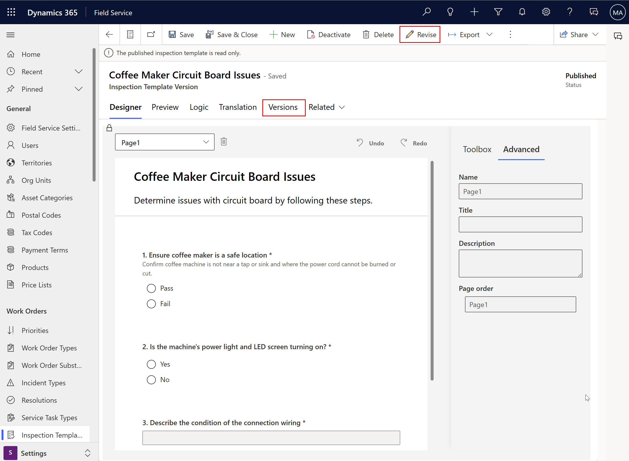 Screenshot with versioning options for inspections.