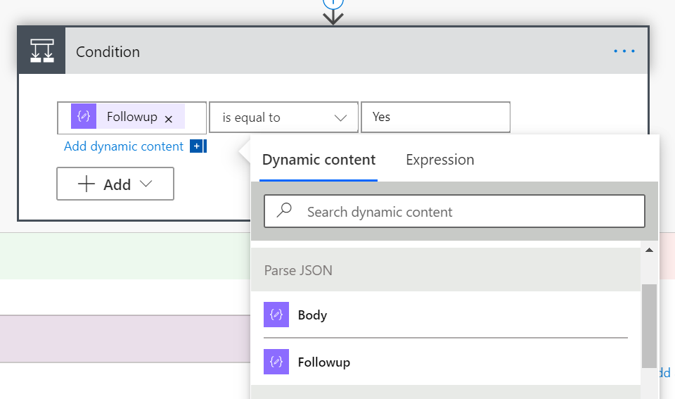 Screenshot of the Power Automate flow, showing a condition step where the followup field is equal to yes.