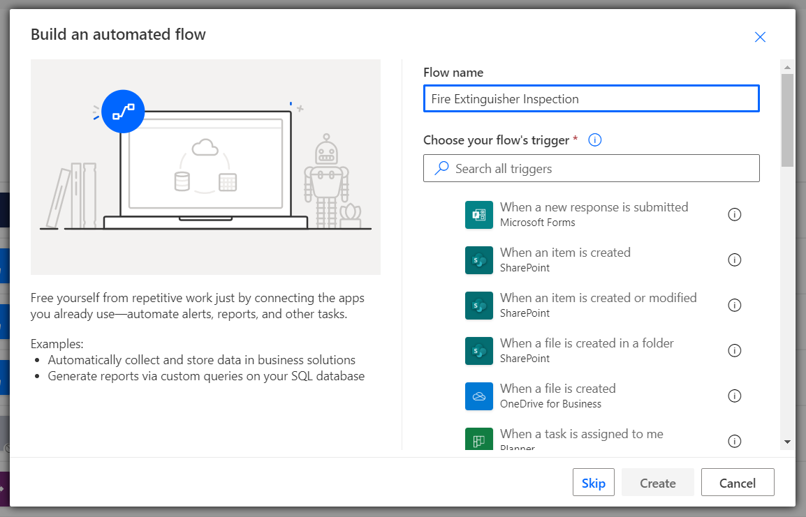 Screenshot of the Build an automated flow window.