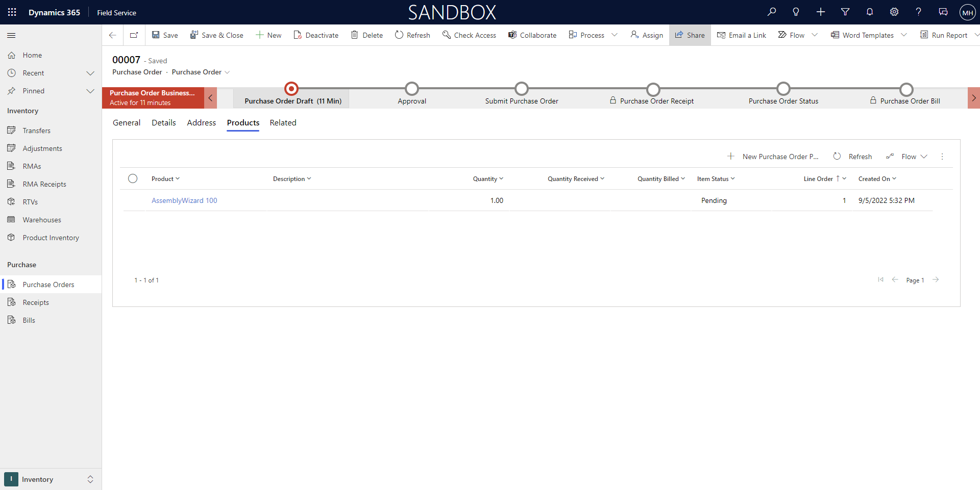 Screenshot of purchase order products.