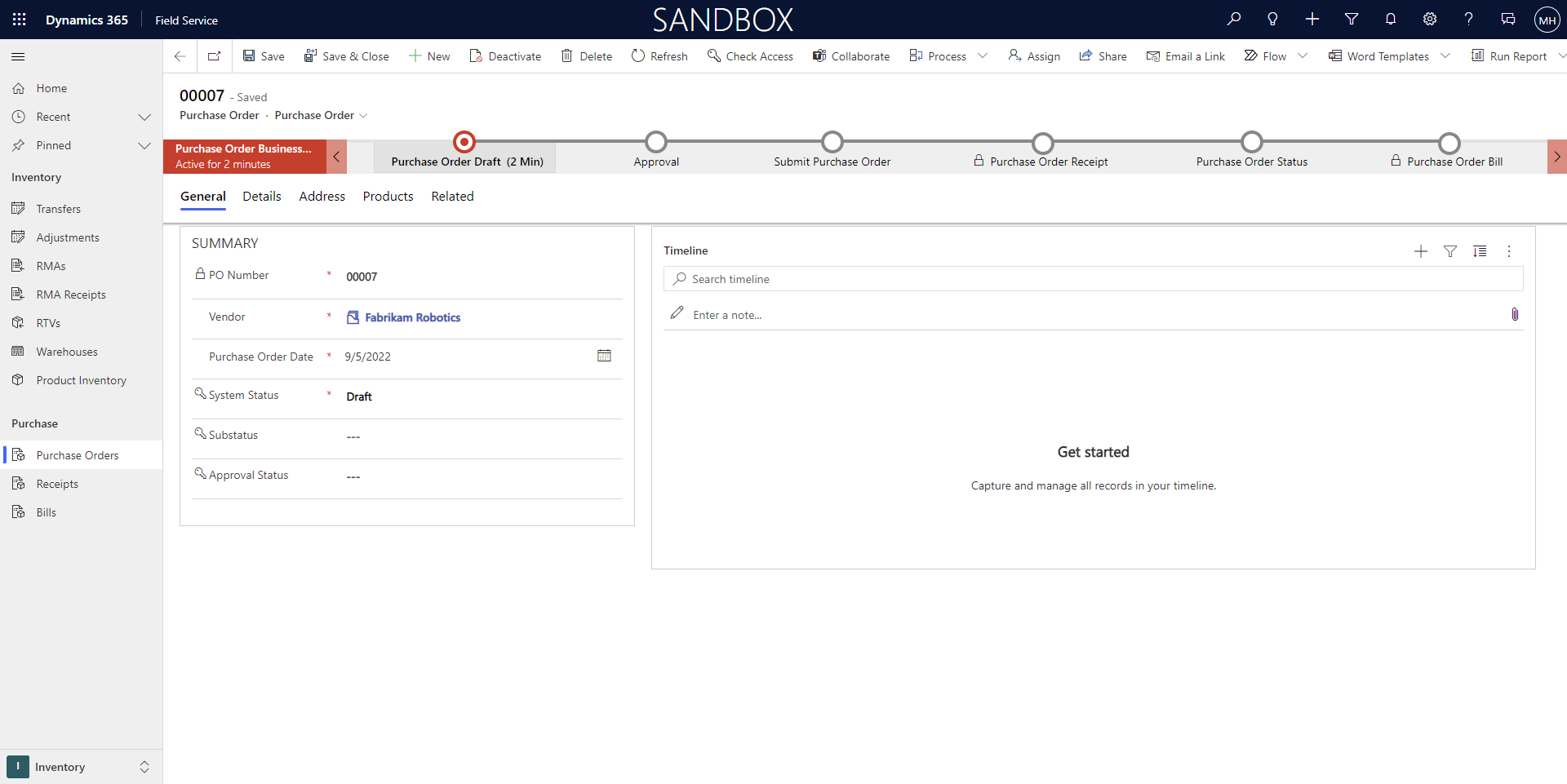 Screenshot of a purchase order in draft state.