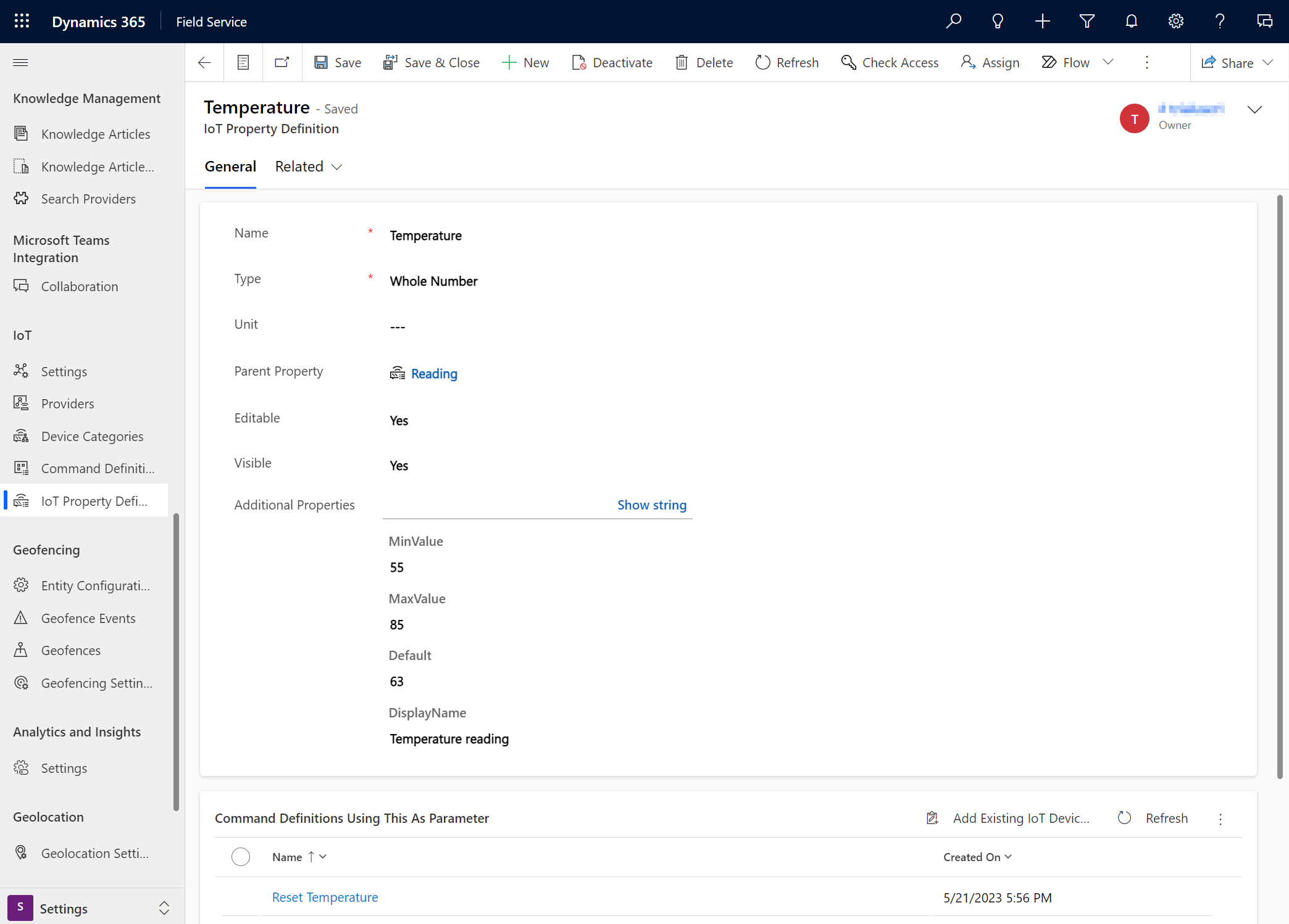 Screenshot of a filled out IoT property definition record.