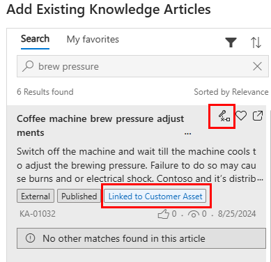 Screenshot of a knowledge article search, showing the link icon.