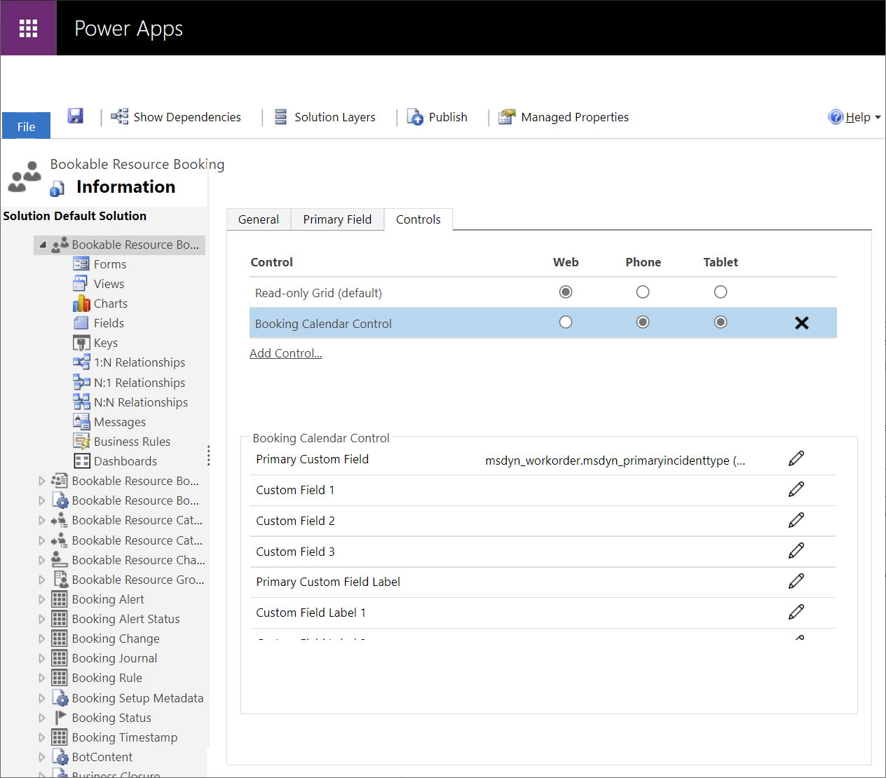 Editing booking calendar control properties in Power Apps.