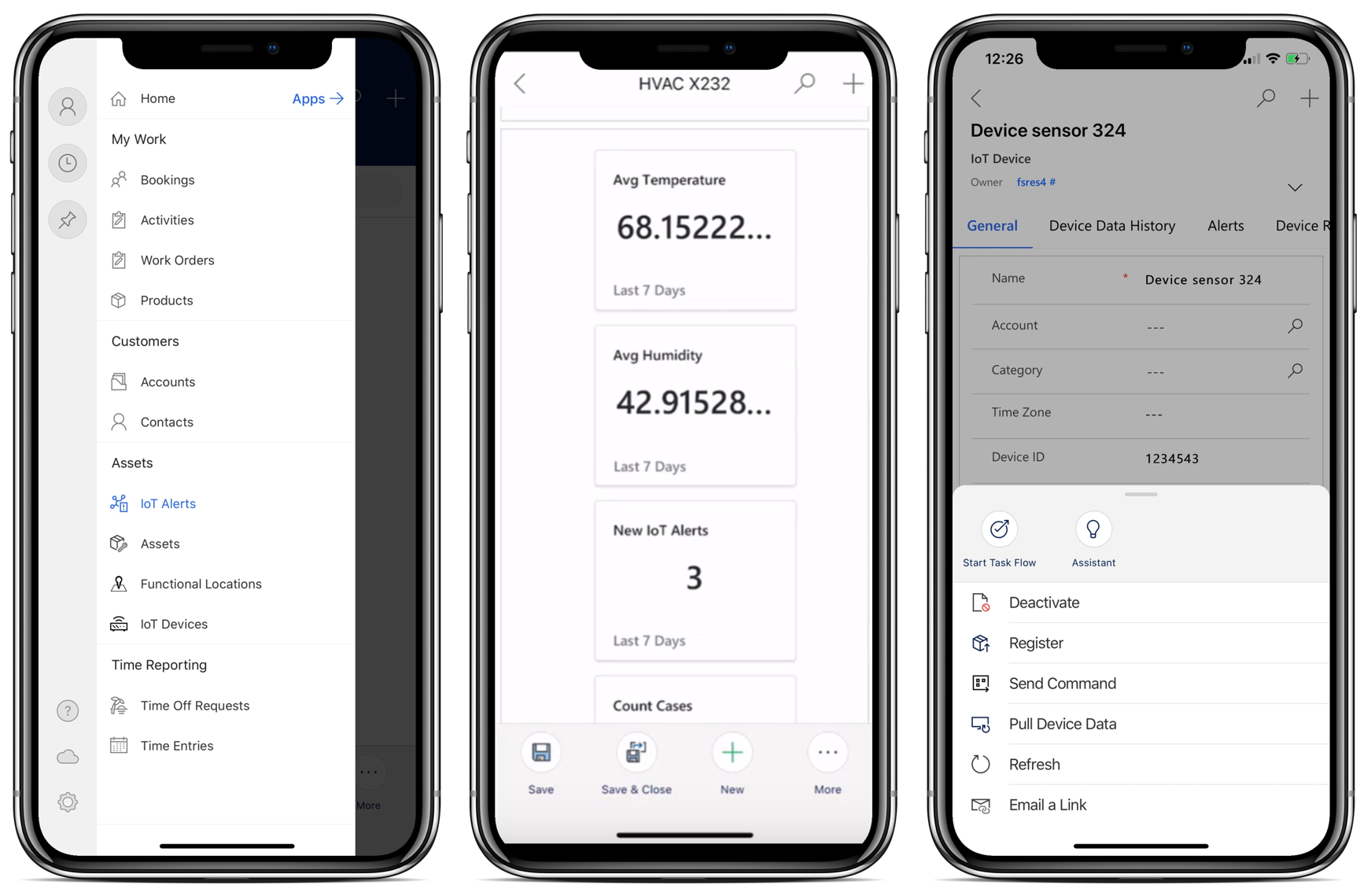 Screenshot of the Field Service mobile app and IoT device readings.