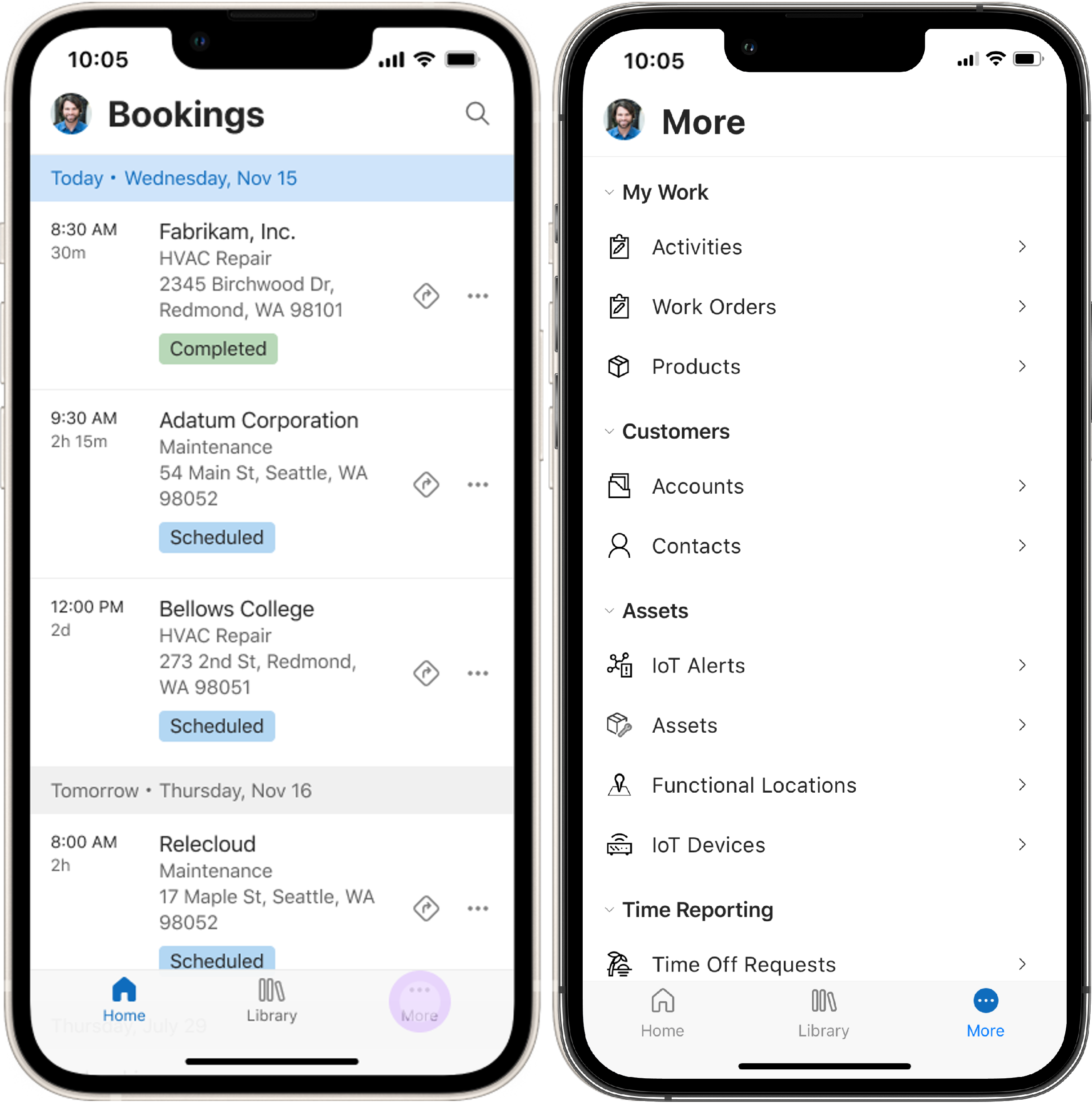 Renderings of two mobile devices showing the navigation menu in the Field Service mobile app.