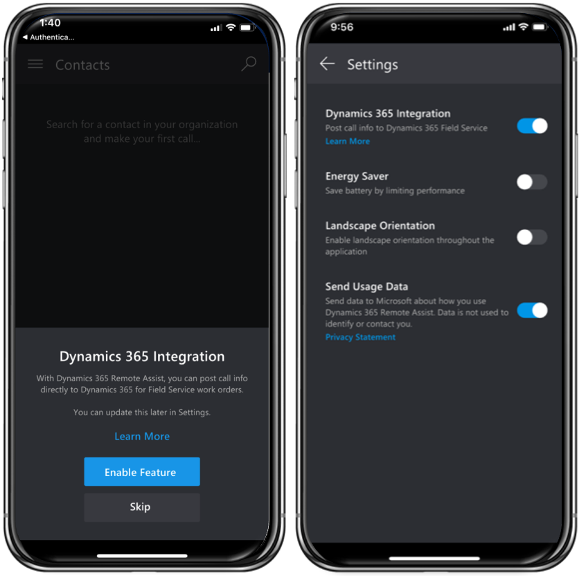 Screenshot of two mobile devices in Dynamics 365 Remote Assist. The screen on the left shows the Dynamics 365 integration popup option. The screen on the right shows the settings screen for Dynamics 365 Remote Assist, with the Dynamics 365 integration toggle set to on.