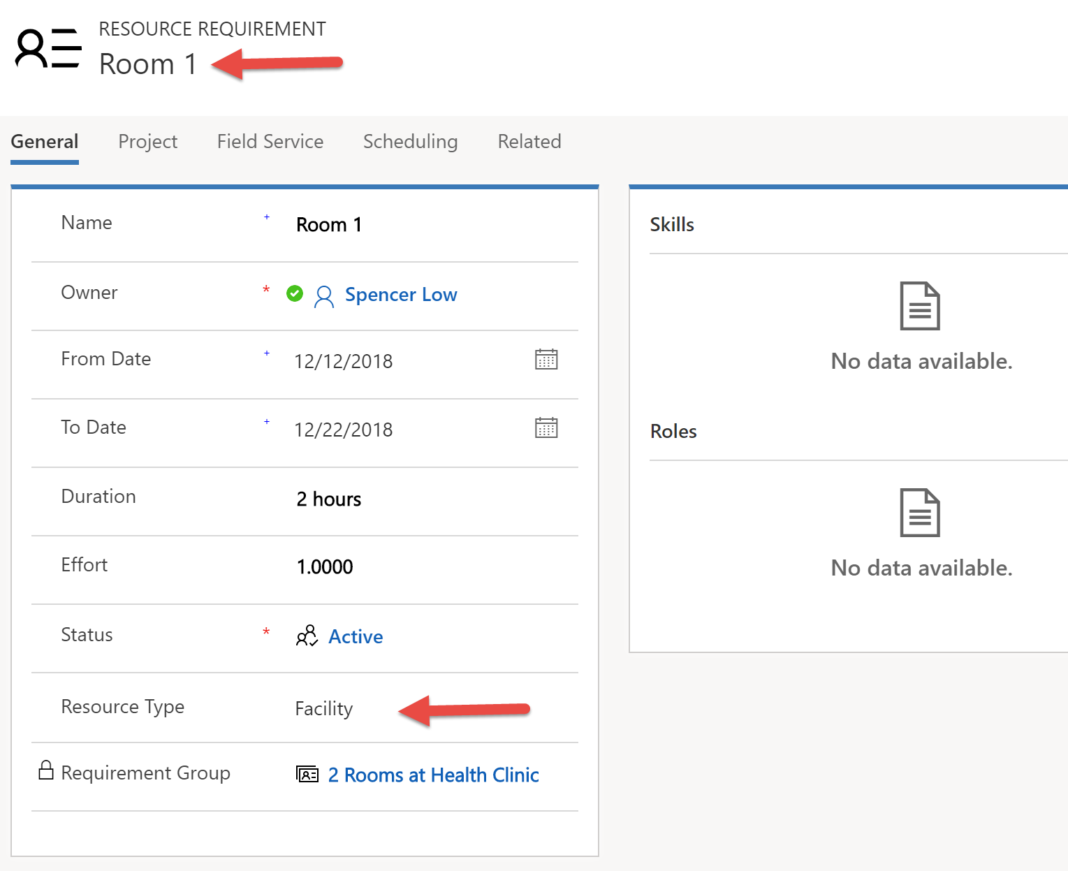 Screenshot of resource type field on requirement set to facility.