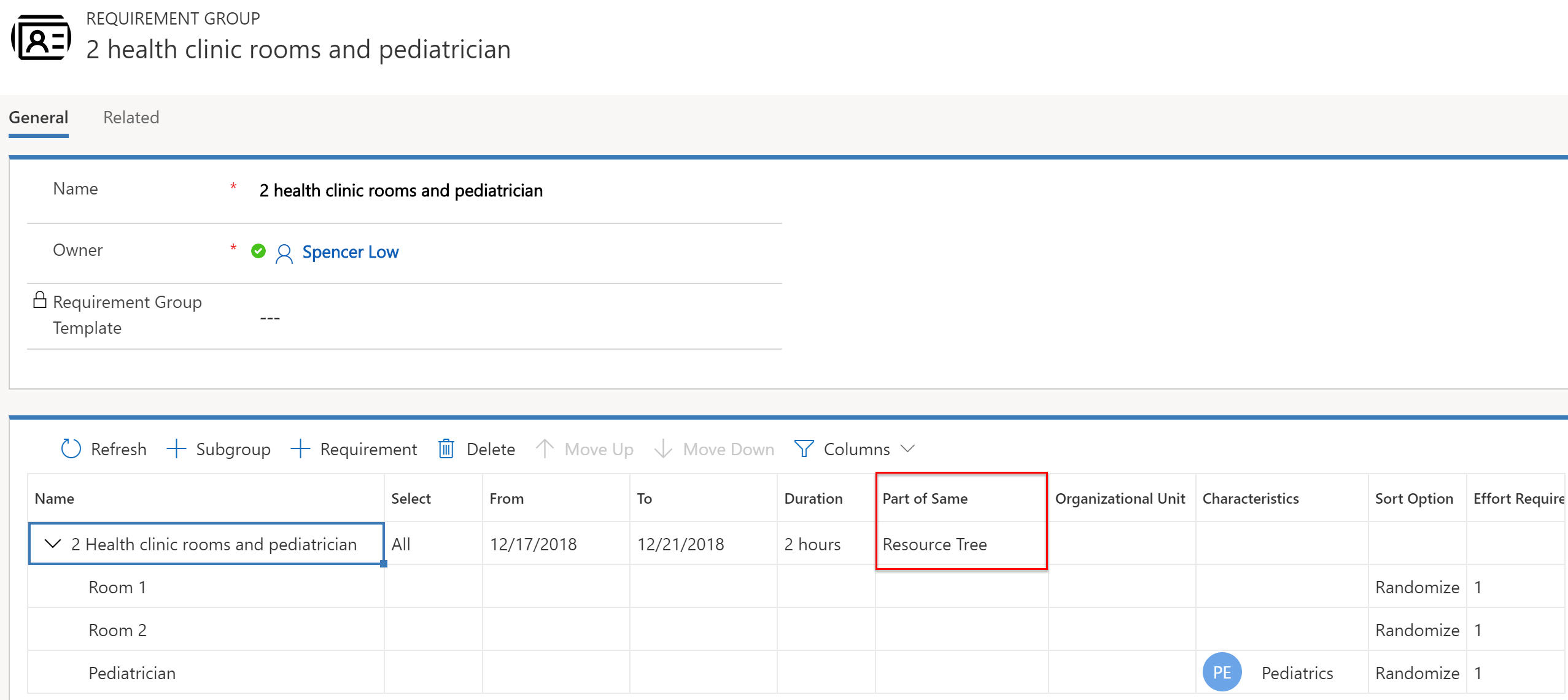 Screenshot of requirement group calling for two rooms and a pediatrician that are all part of the same resource tree.