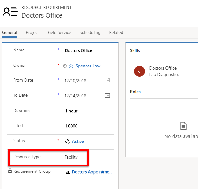 Screenshot of resource type field on requirement.