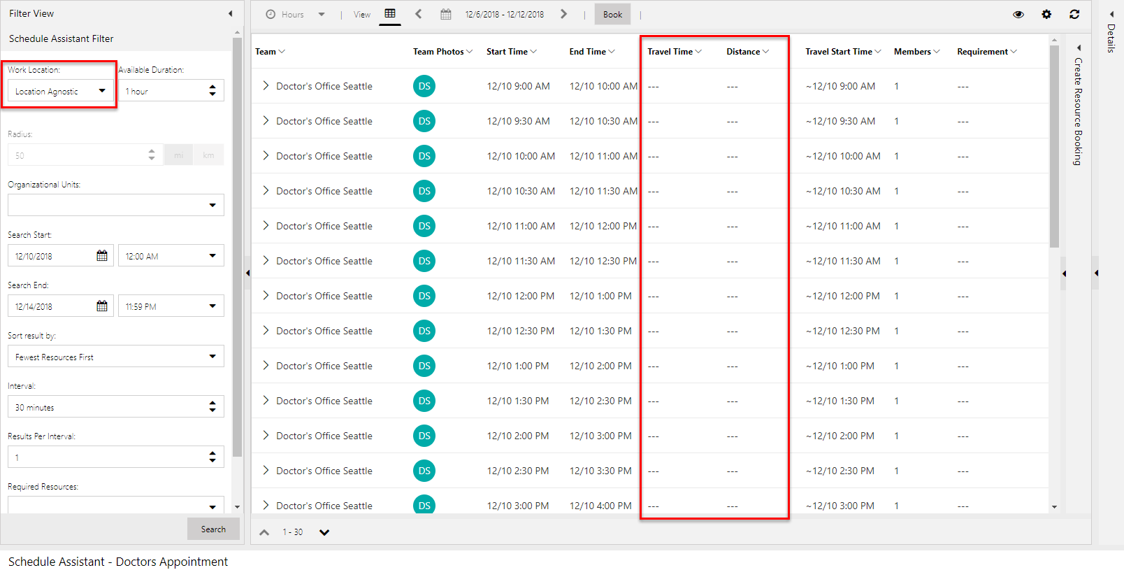 Screenshot of location agnostic schedule assistant results with no travel calculations.