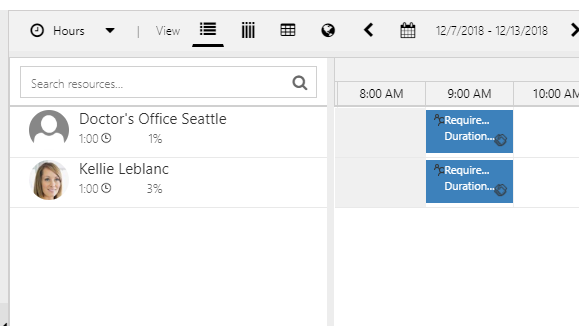 Screenshot of two bookings for each requirement in the requirement group, one for the facility and one for the doctor resource.