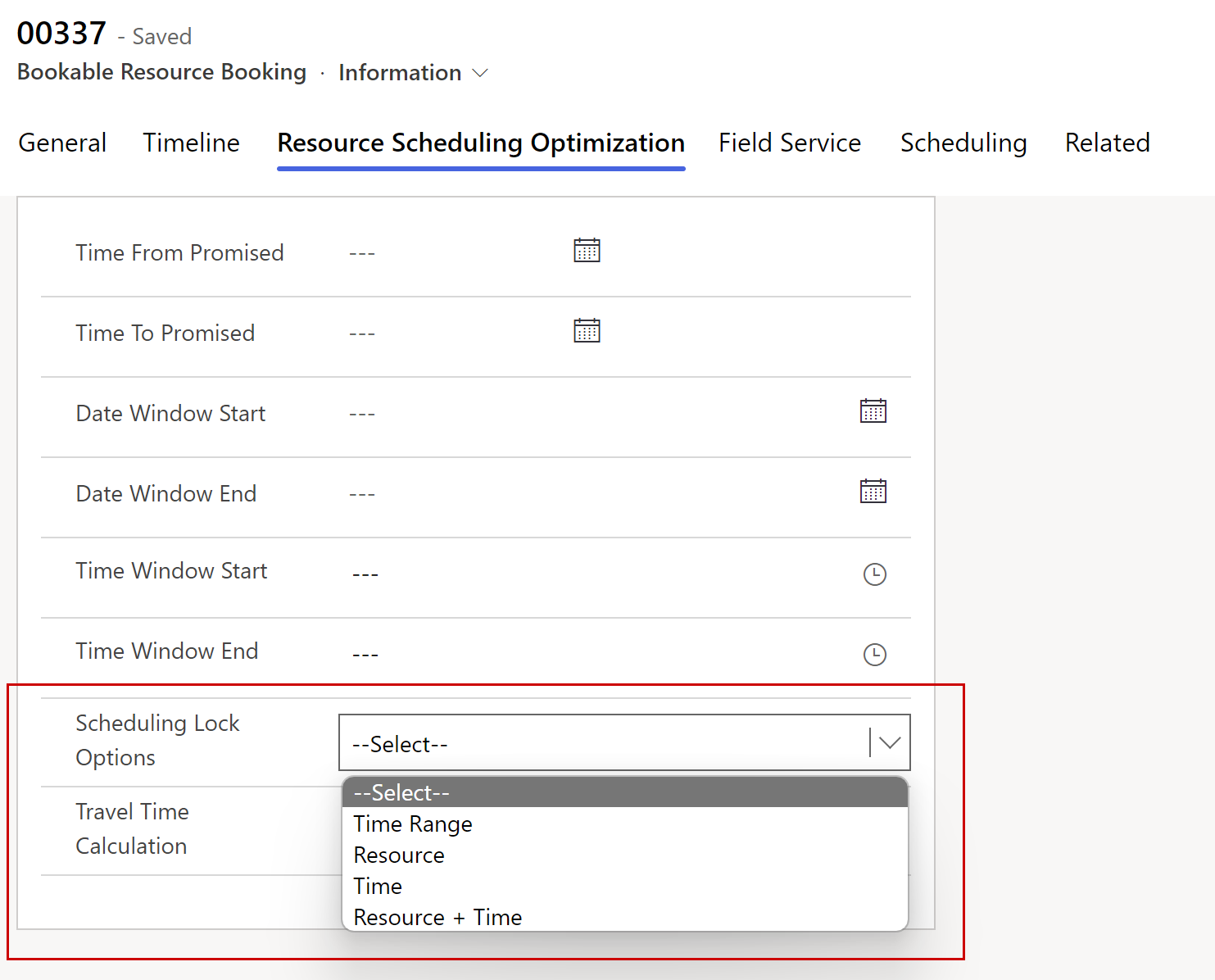 Screenshot of the Scheduling Lock Options on a Bookable Resource Booking record.