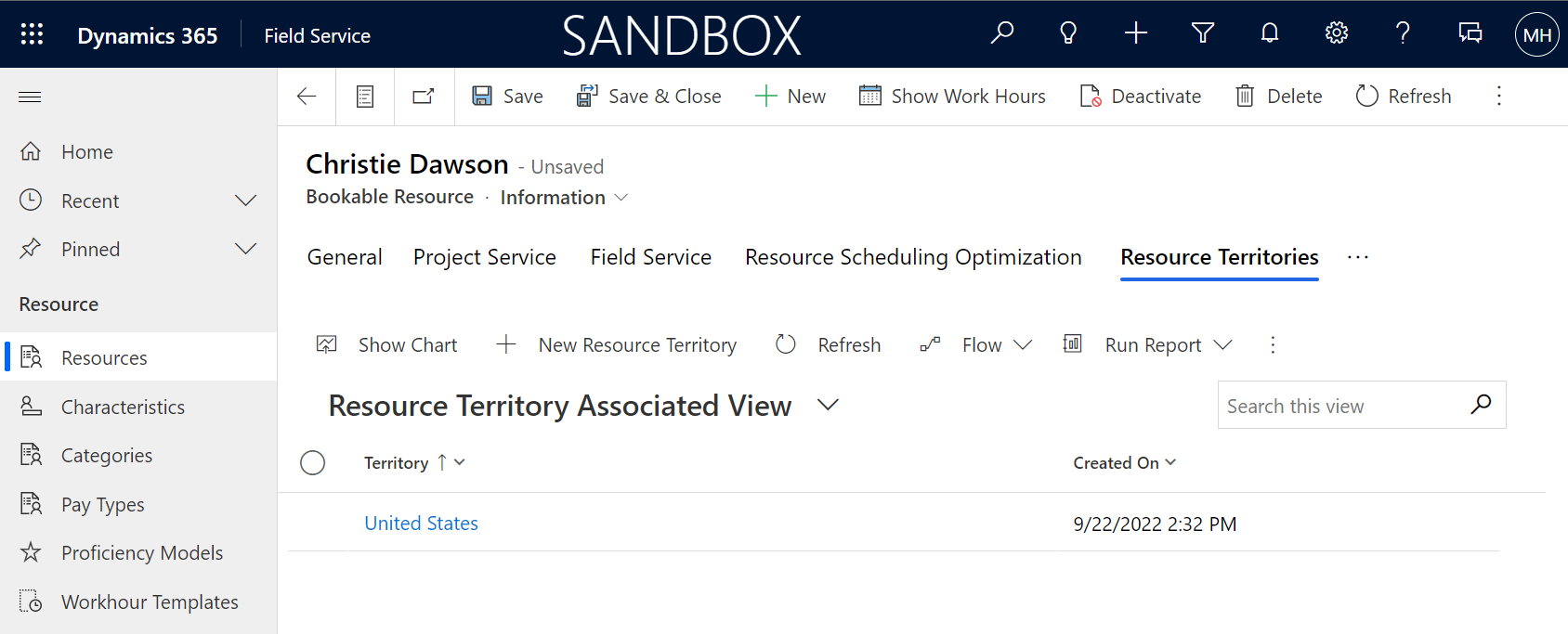 Screenshot of the Bookable Resource record with an associated Territory record.