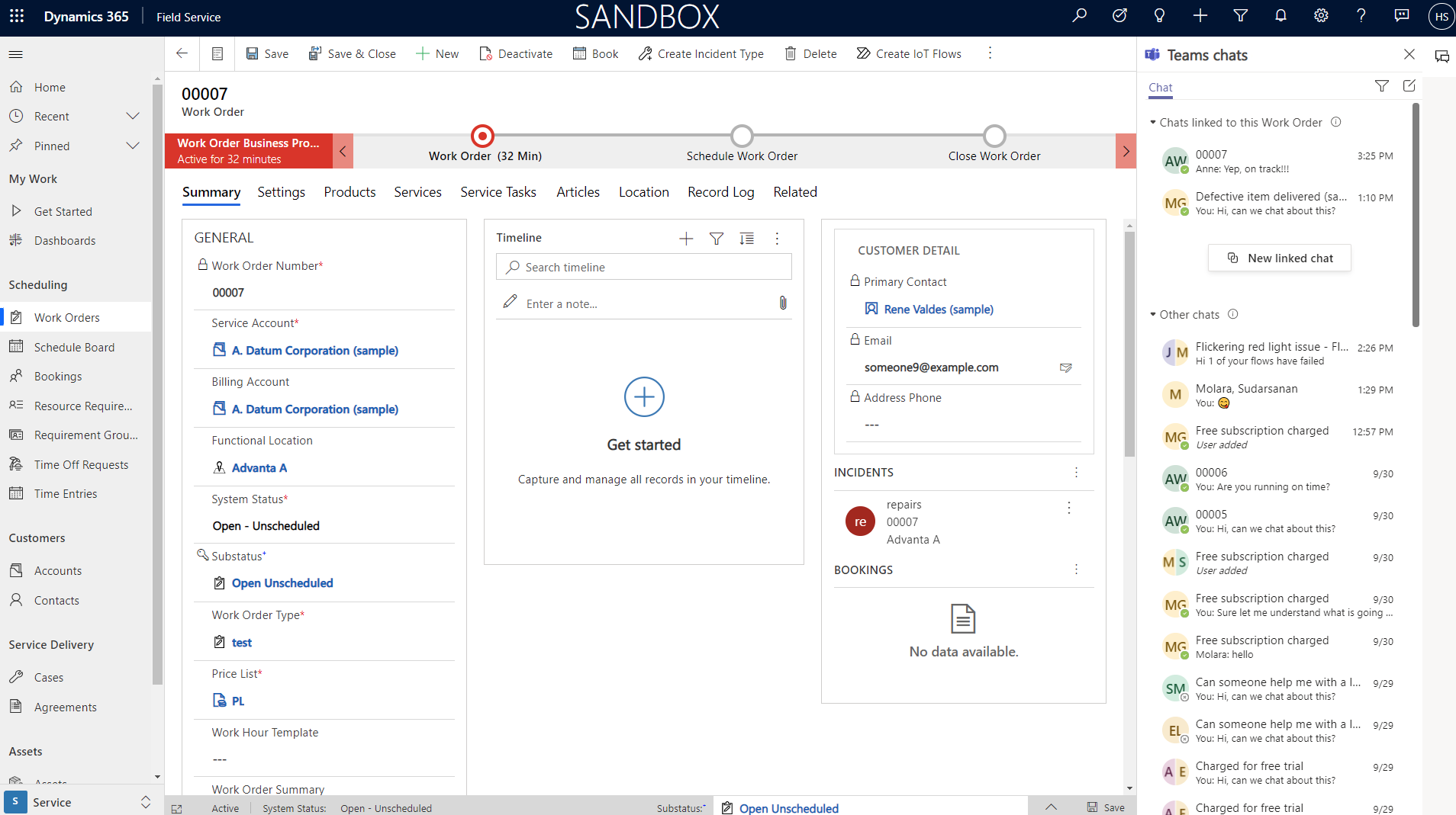 Field Service work order, with a Teams chat panel showing related chats.