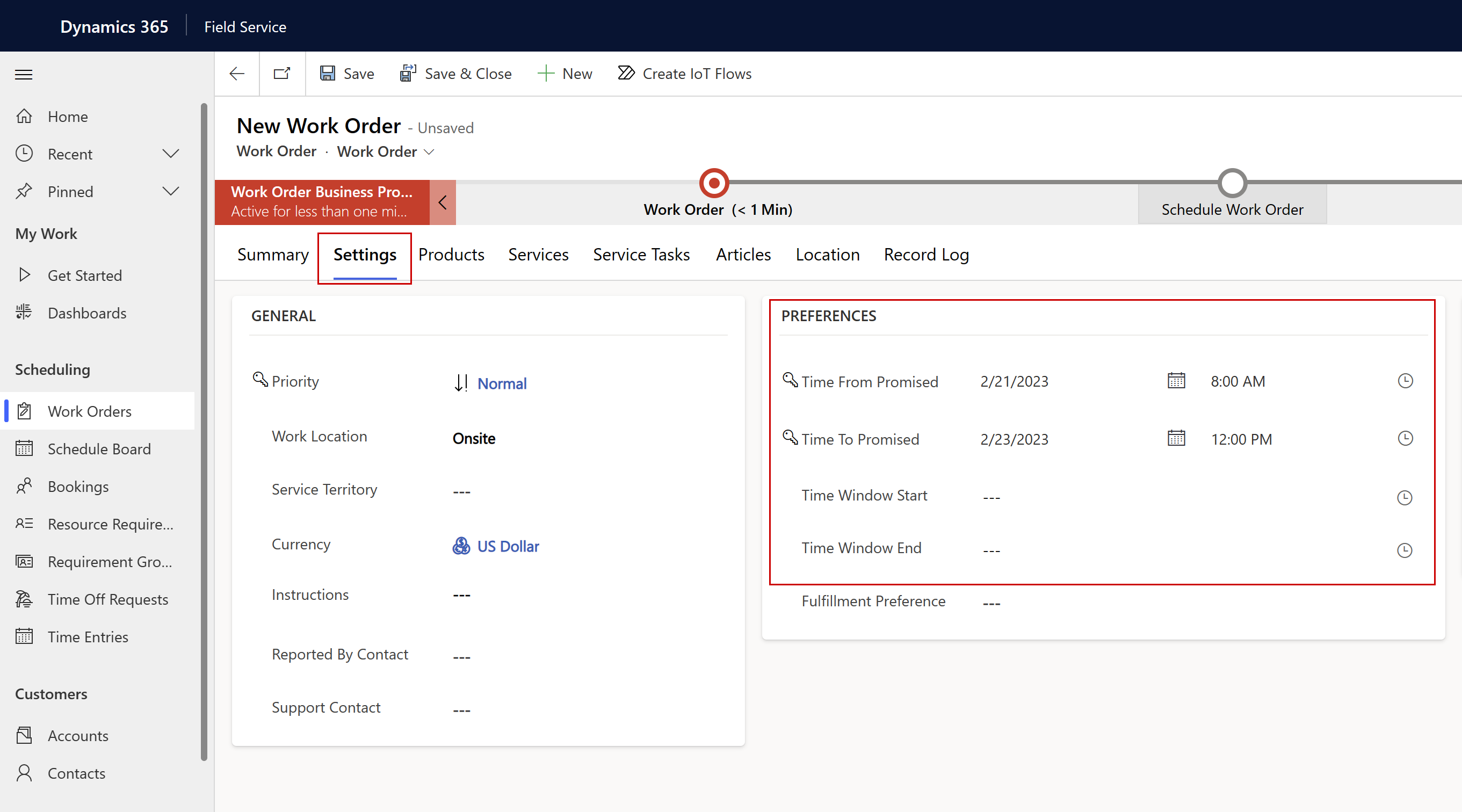 Screenshot of the time window preferences on a work order form.