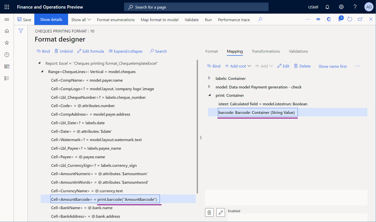 Details of the Barcode data source in the ER Operations designer.