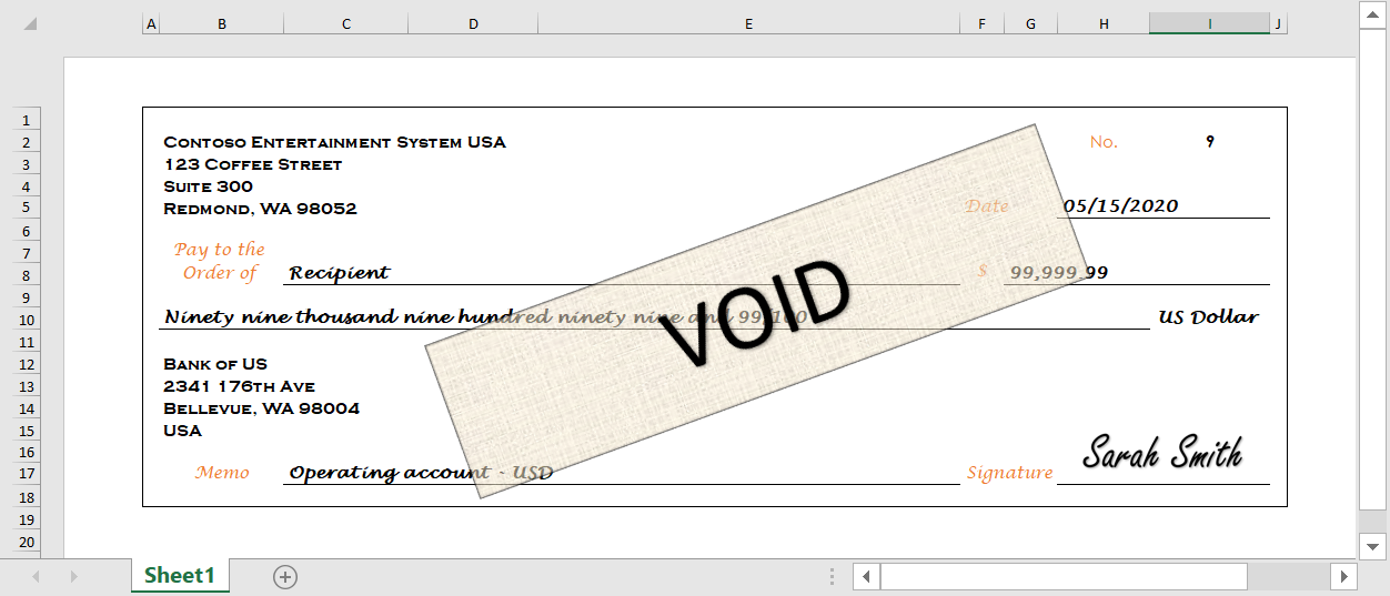 Generated payment check in Excel.