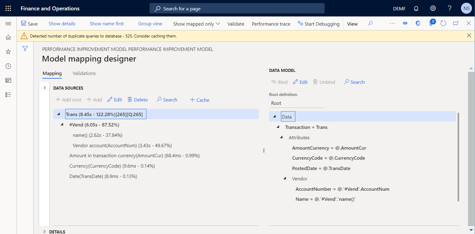 Execution time details on the Model mapping designer page.